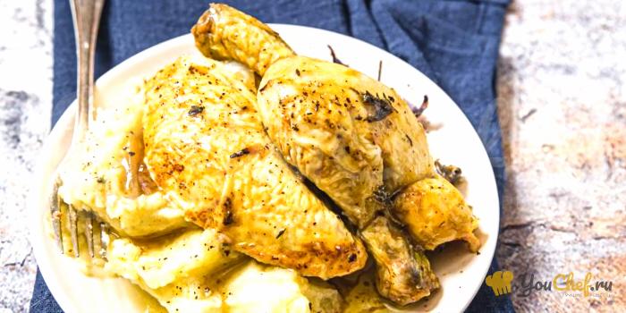 Жареный цыпленок, домашнее пюре (рецепт 2)